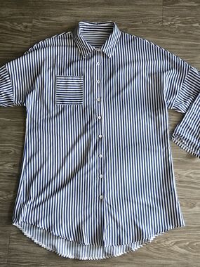 SHEIN Blue & White Vertical Stripe Casual Button-Down Shirt Dress